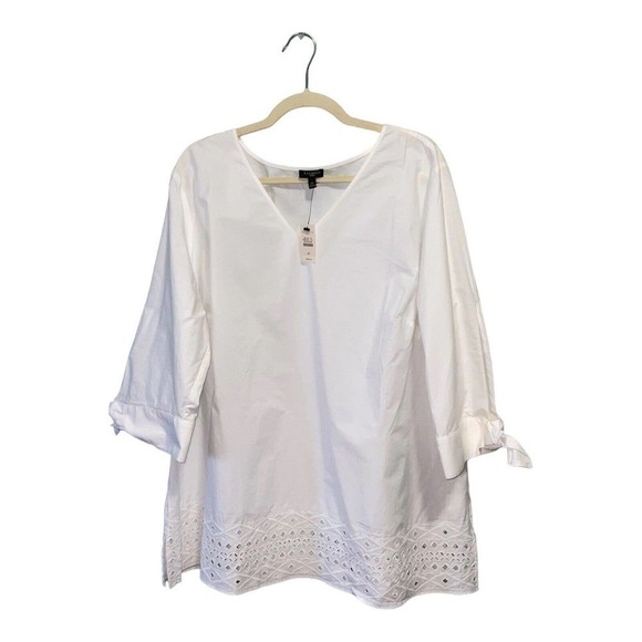 Talbots Women’s White 3/4 Sleeve V-Neck Blouse 100% Cotton With Embroidery Sz 2X - Picture 1 of 11
